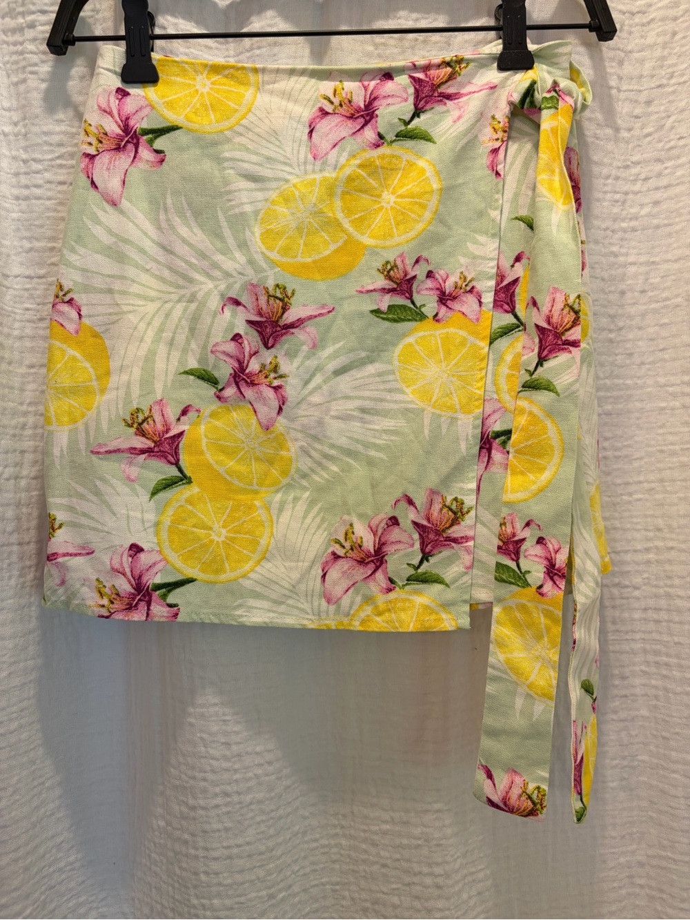 Forever 21 Lemon & Tropical Pink Floral Faux Wrap Mini Skirt Side Tie - Small